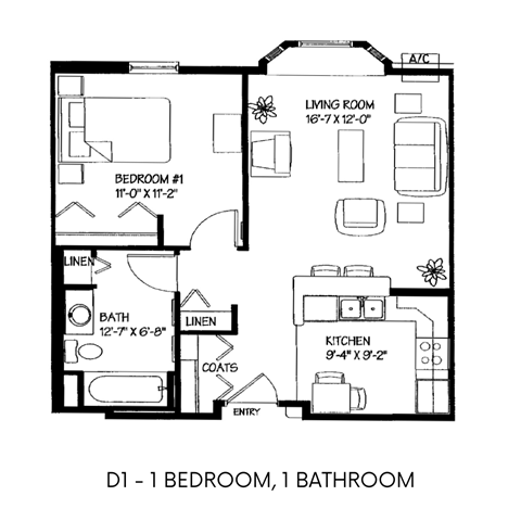 Floor plan for 1 bed, 1 bath, 660 sqft